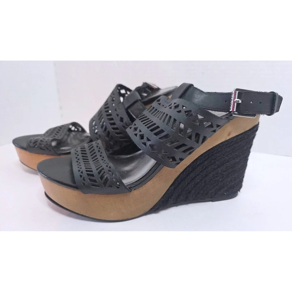 Lauren RL Georgina Black Leather Laser Cut Wood Wedge Platform Sandals 8B